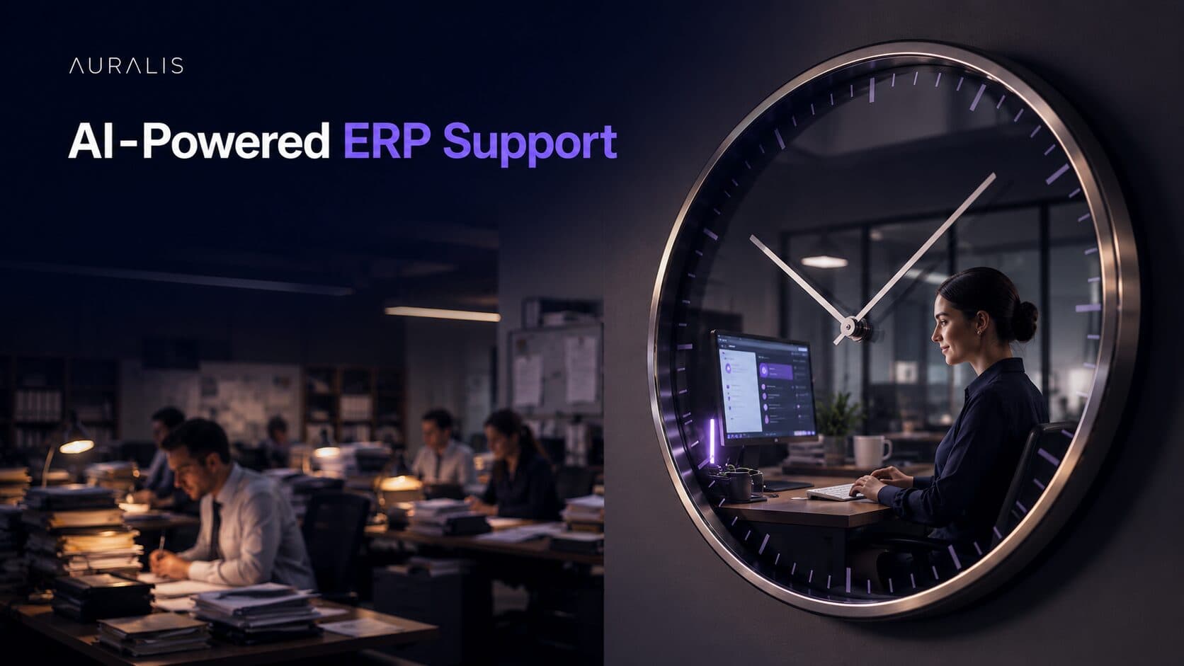 A low-angle shot of a clock reflecting one calm professional using AI while a busier traditional office works behind, representing AI-powered ERP support for D365 help desks