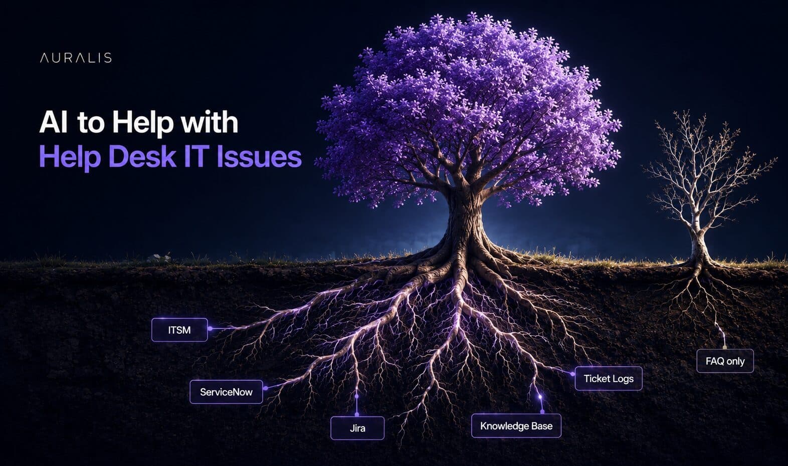 A thriving lavender-leaved tree with deep roots labeled ITSM, ServiceNow, and Jira beside a struggling shallow-rooted tree labeled FAQ only, showing the best AI for help desk support versus generic chatbots