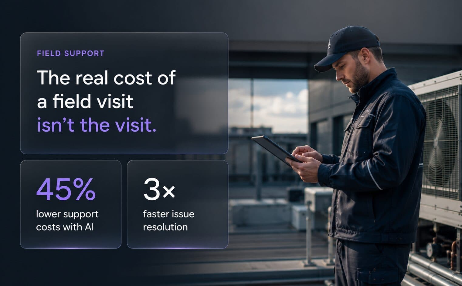 Frosted-glass infographic over a photo of a field service technician, showing how AI cuts field support costs by 45 percent and delivers 3x faster resolutions