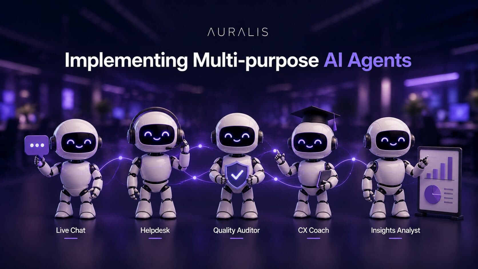coordinated team of friendly Auralis AI robot mascots in a modern office, representing specialist roles like live chat, helpdesk, quality, coaching, and insights, illustrating how to implement multi-purpose AI agents