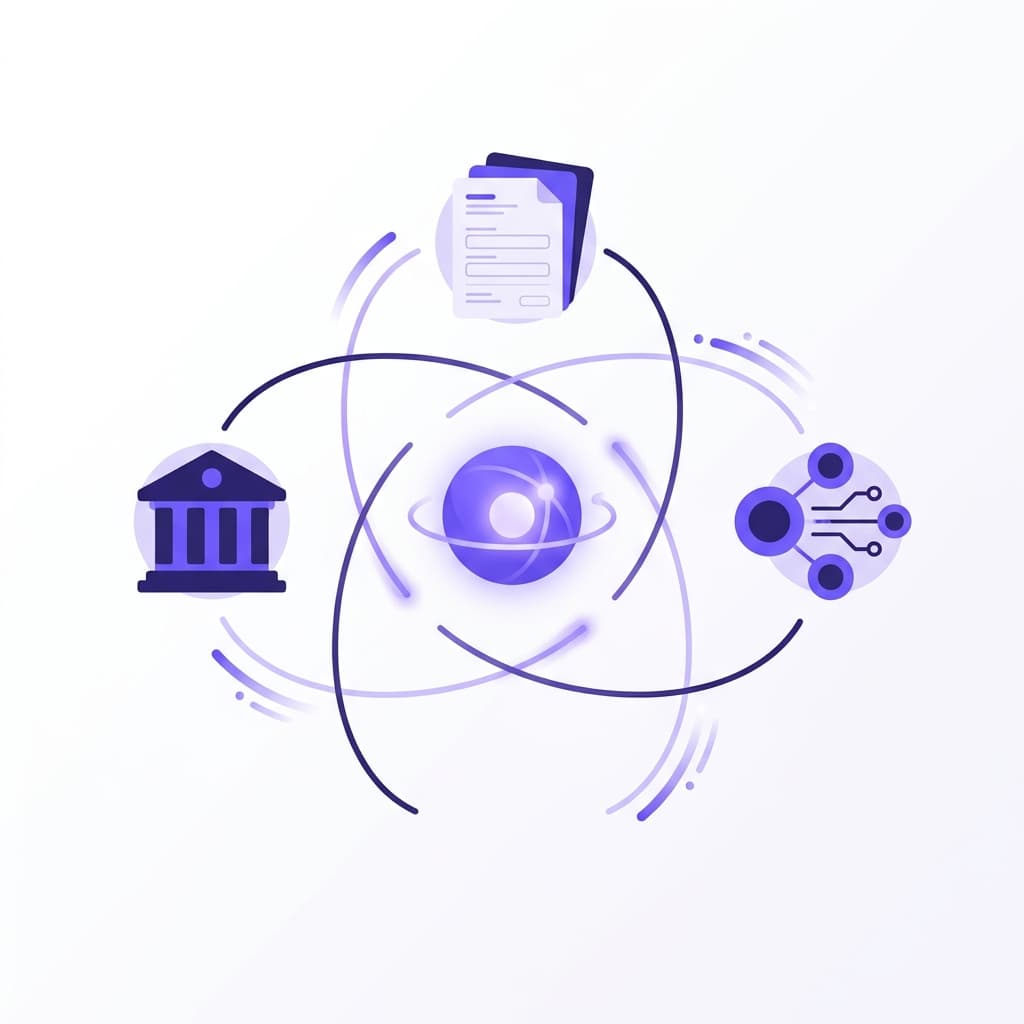 Abstract illustration of an Auralis AI assistant connecting a bank, loan-application documents, and API integration nodes for lending SaaS customer support