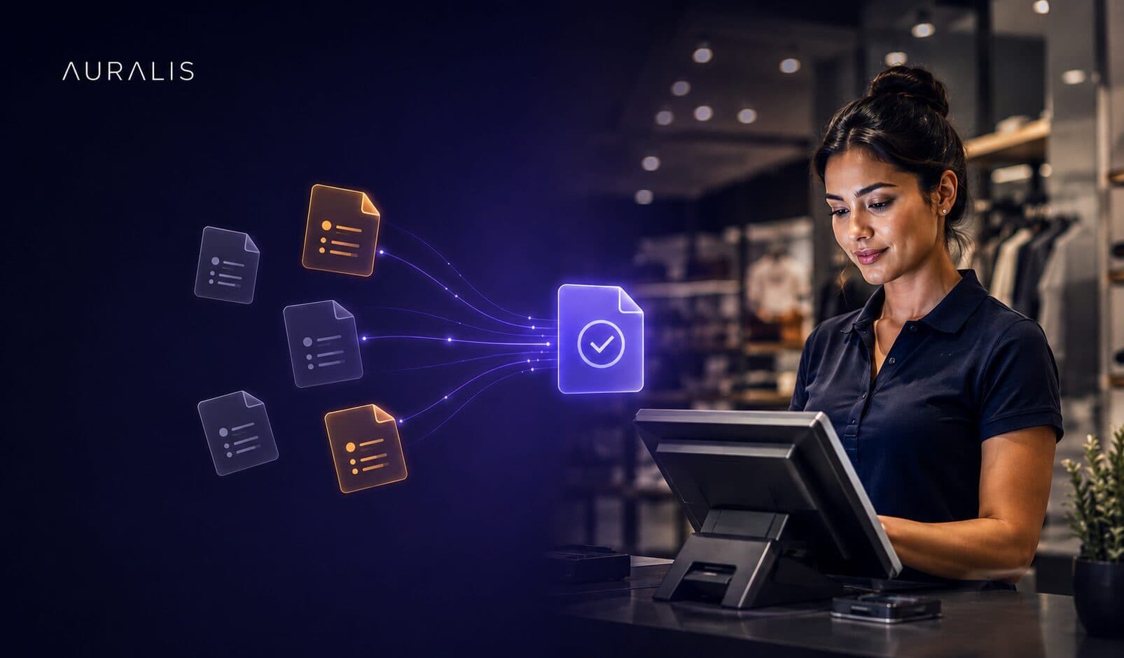 Retail associate at a POS terminal beside a graphic of scattered, conflicting documents converging into one unified source of truth, representing retail POS documentation unification