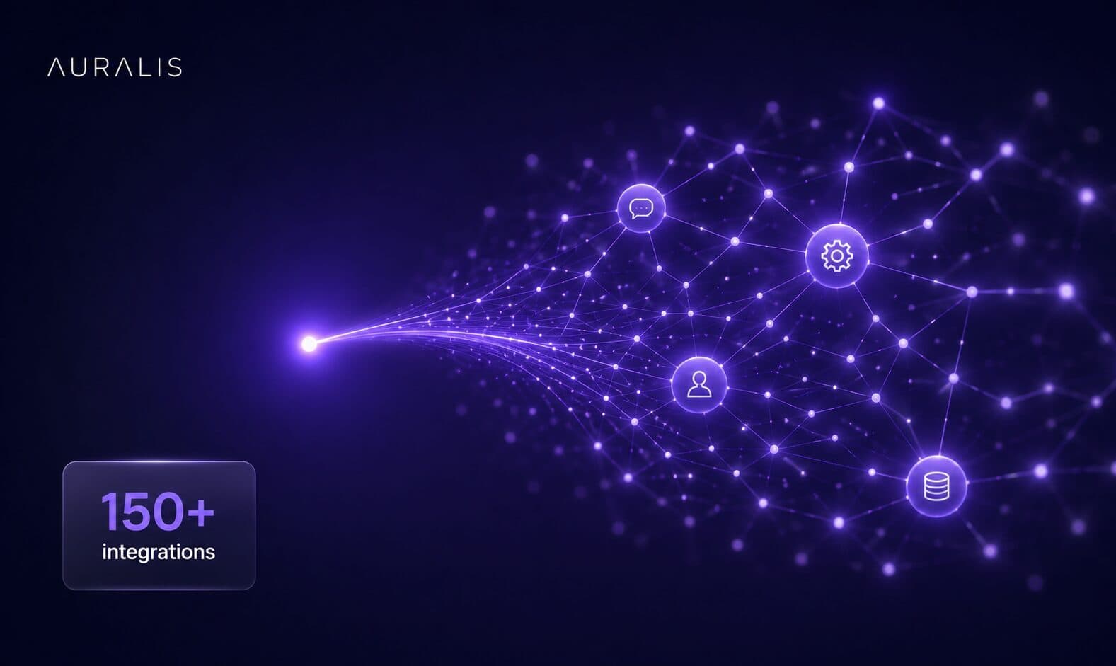 Glowing constellation expanding from a single node into a connected network, representing scaling AI from a departmental pilot to a company-wide rollout with 150+ integrations Title: Scaling AI