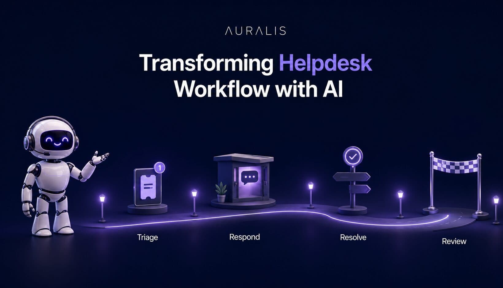 An elegant journey-map illustration with a winding road, glowing lamp posts, and four stages, triage, respond, resolve, and a finish line, with the Auralis robot as a guide, representing how AI transforms the helpdesk workflow