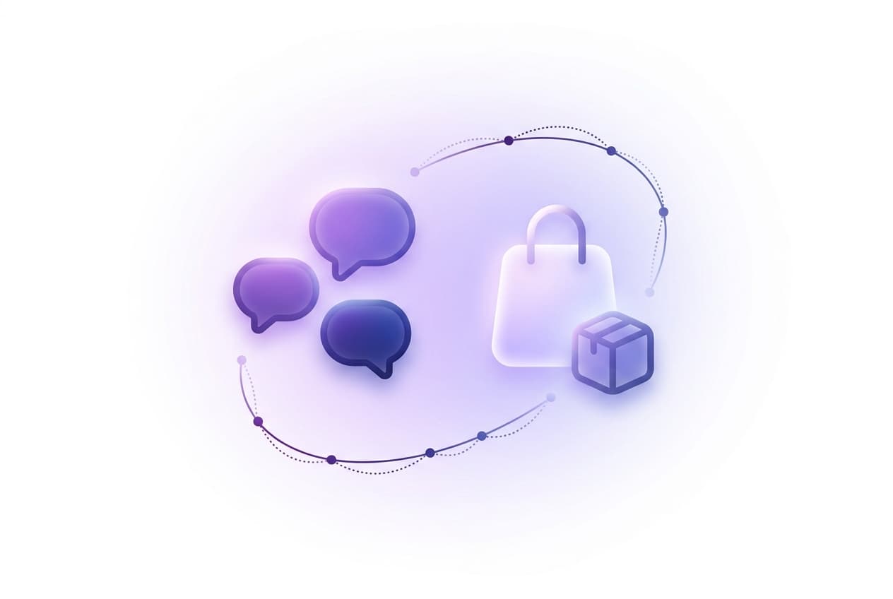 Abstract 3D illustration of AI-powered retail and ecommerce customer support: a glowing glassy shopping bag and delivery package beside soft purple chat bubbles, encircled by a dotted order-tracking path, on a light near-white background.