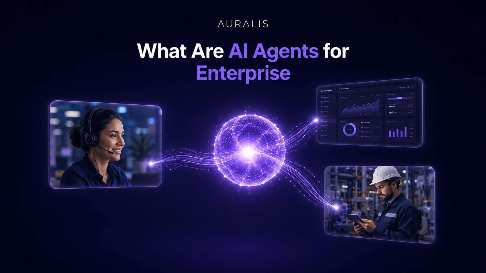 A central glowing AI agent core connected by light streams to photographic scenes of customer support, analytics, and field service, representing AI agents for enterprise working across the business