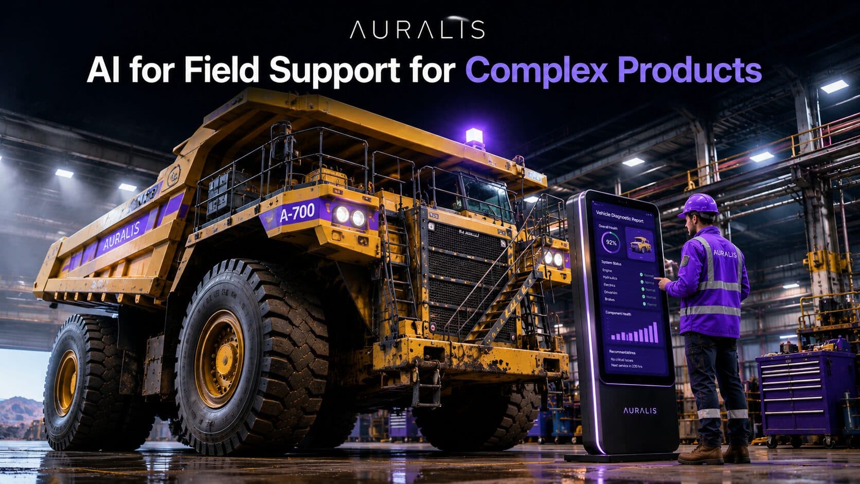 A field technician in an Auralis-purple hard hat and hi-vis jacket reading an AI diagnostic kiosk beside a large mining truck in a maintenance bay, representing AI for field support for complex products