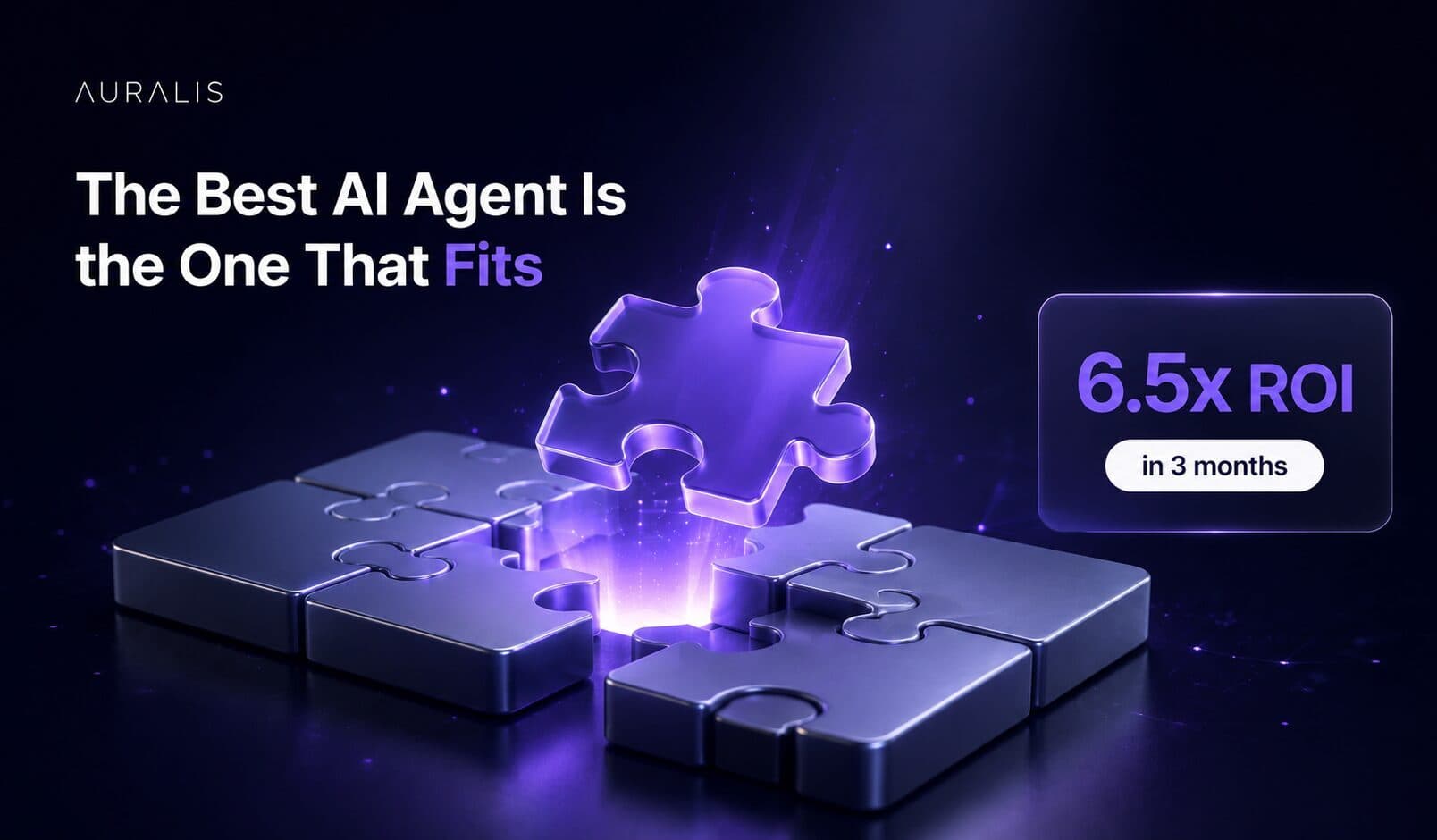 3D image of a glowing Auralis puzzle piece fitting perfectly into enterprise systems beside a 6.5x ROI stat, representing the best AI agent solutions for enterprise companies