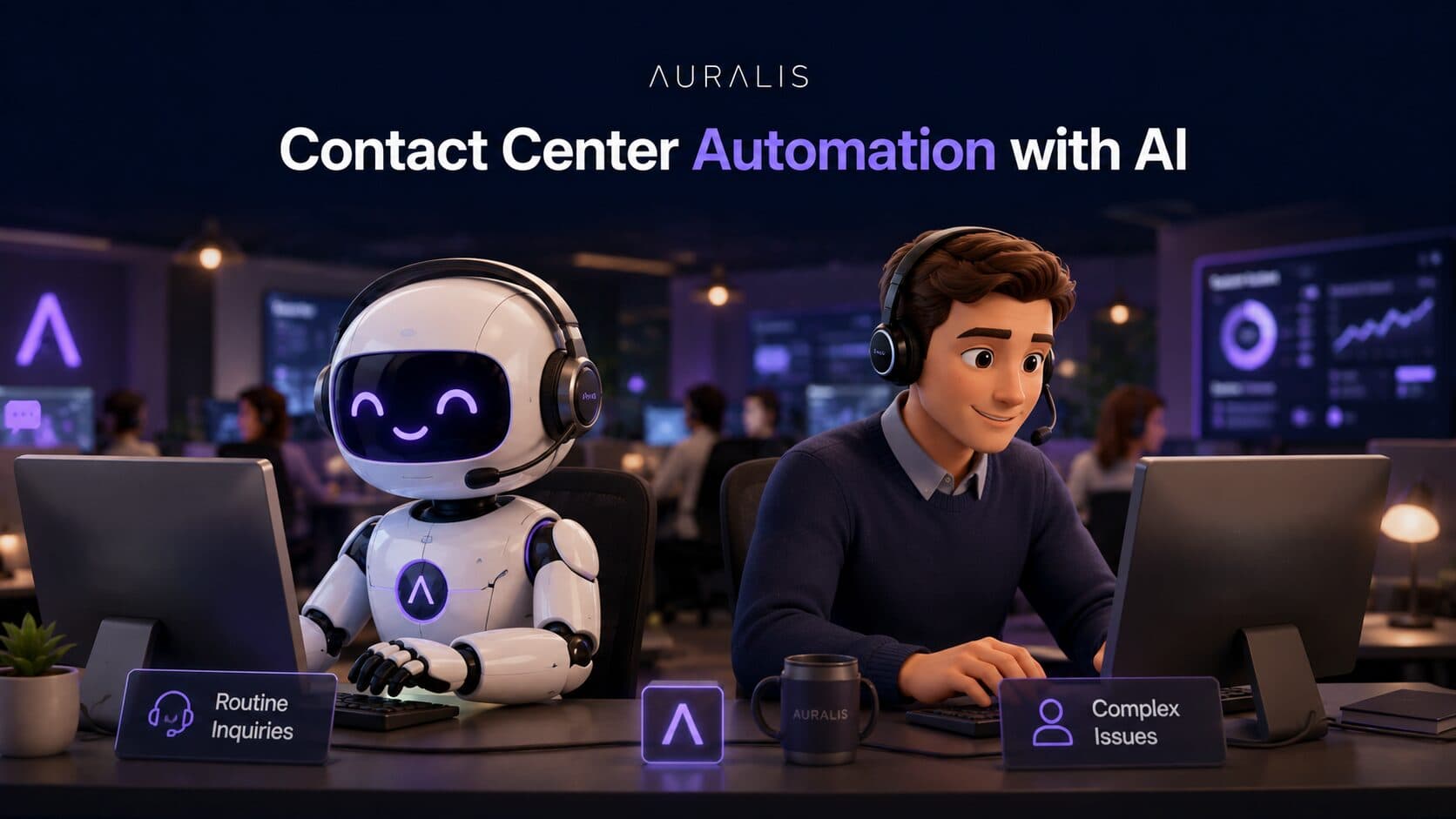 A friendly cartoon AI robot mascot with a headset attending calls beside a human support agent handling complex issues, representing contact center automation with AI