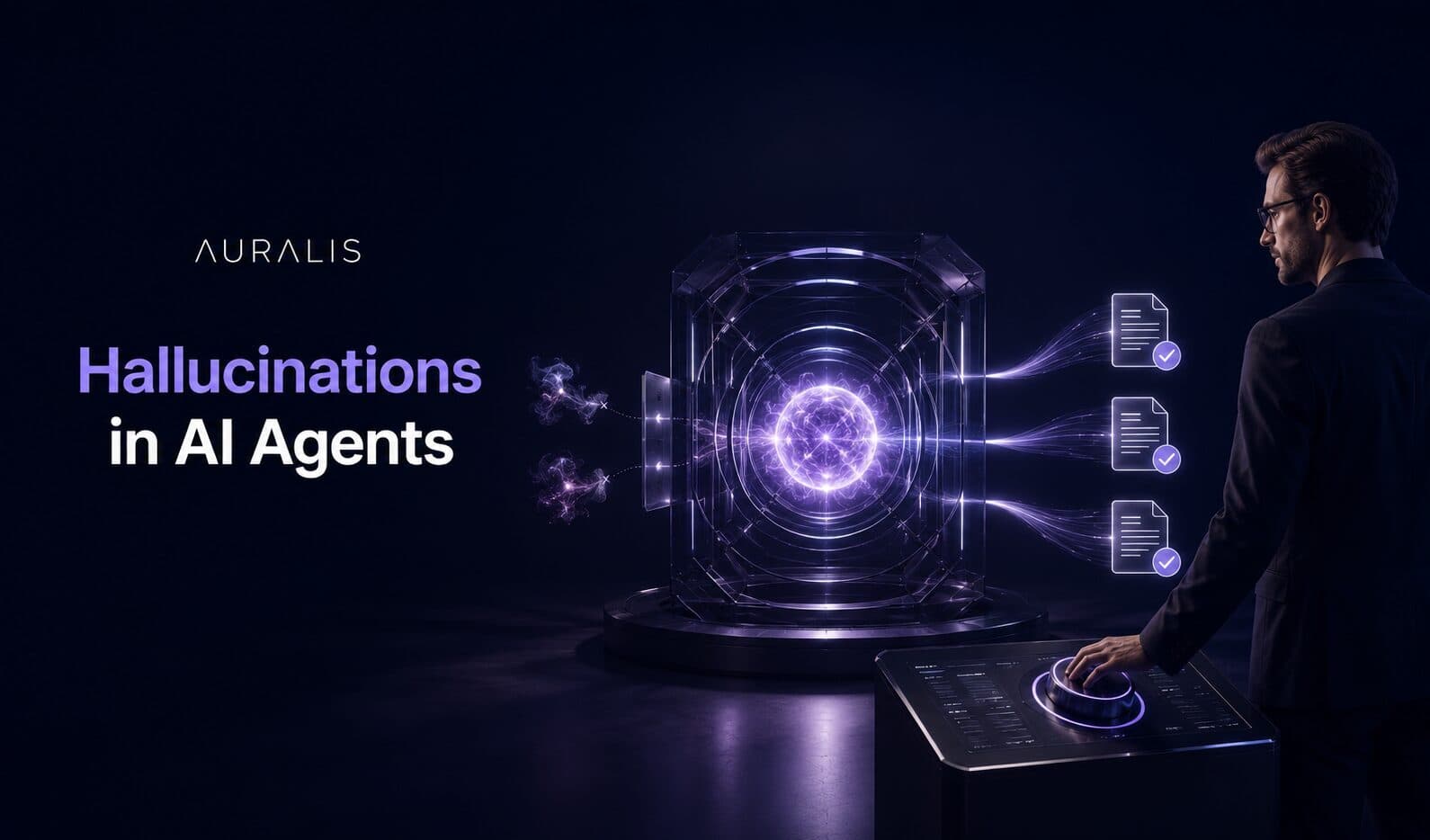 A professional at a control console overseeing a contained AI core that produces verified, checkmarked outputs while stray errors are filtered out, representing how to control hallucinations in AI agents
