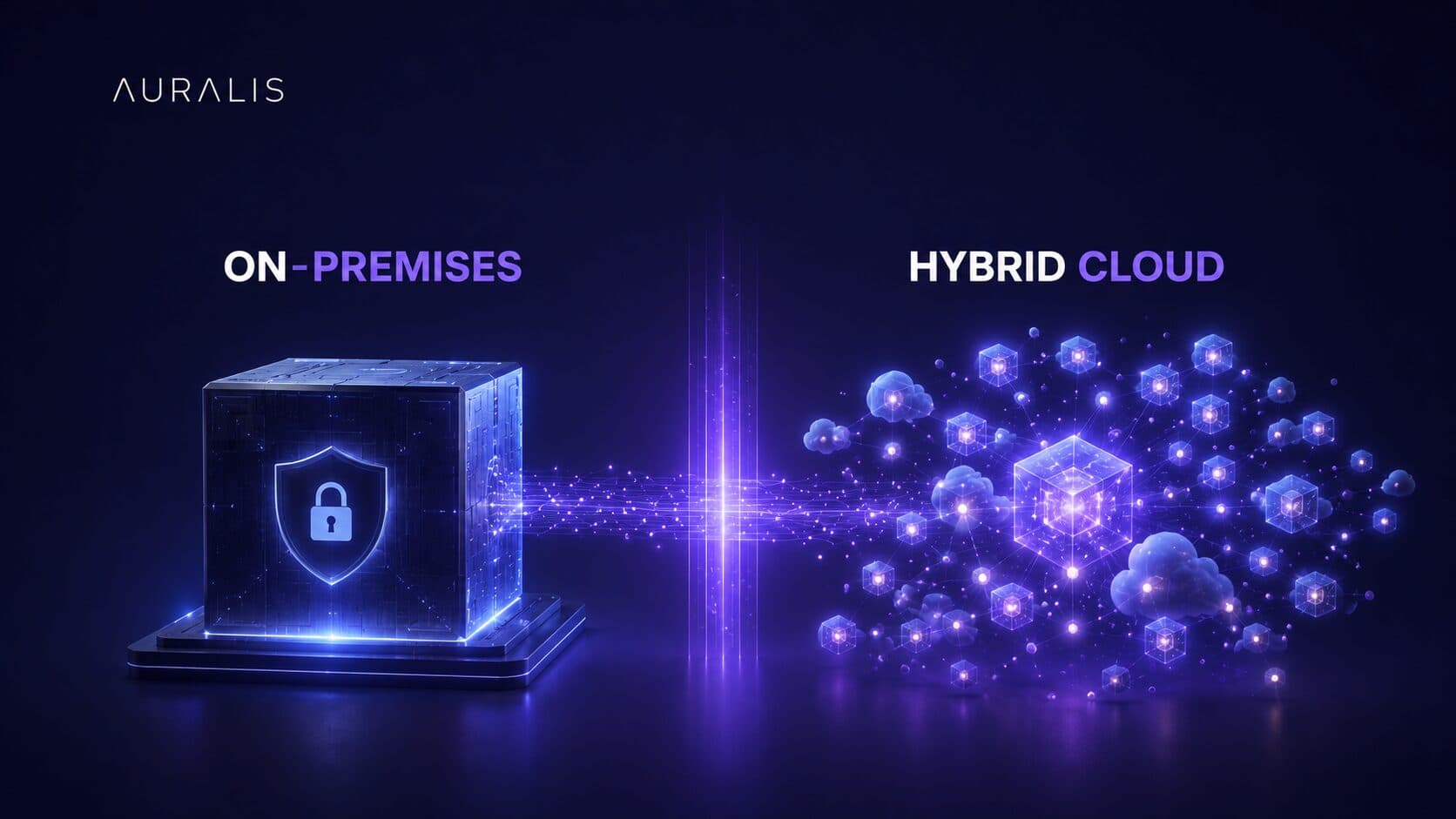 Conceptual image comparing hybrid cloud vs on-premise AI agent deployment, showing a solid secure on-premises core expanding into airy cloud nodes, joined by a glowing bridge
