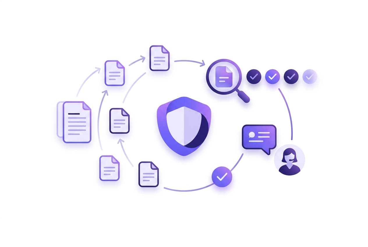 Abstract illustration of AI-automated insurance claims support: claim documents flowing through review into approval checkmarks around a central protection shield, with a support agent and chat assistant