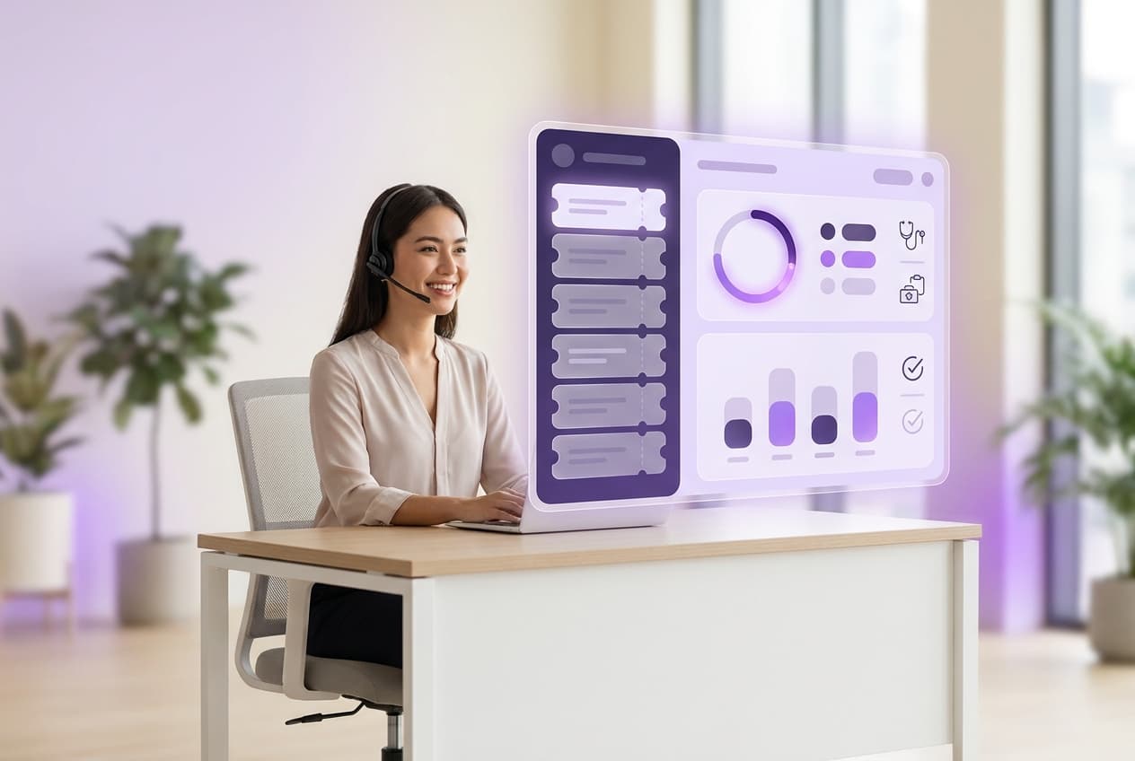 Customer-support agent wearing a headset at a clean desk beside a floating medical-device support helpdesk dashboard showing ticket cards, a progress ring, a bar chart, and stethoscope and compliance icons in Auralis purple