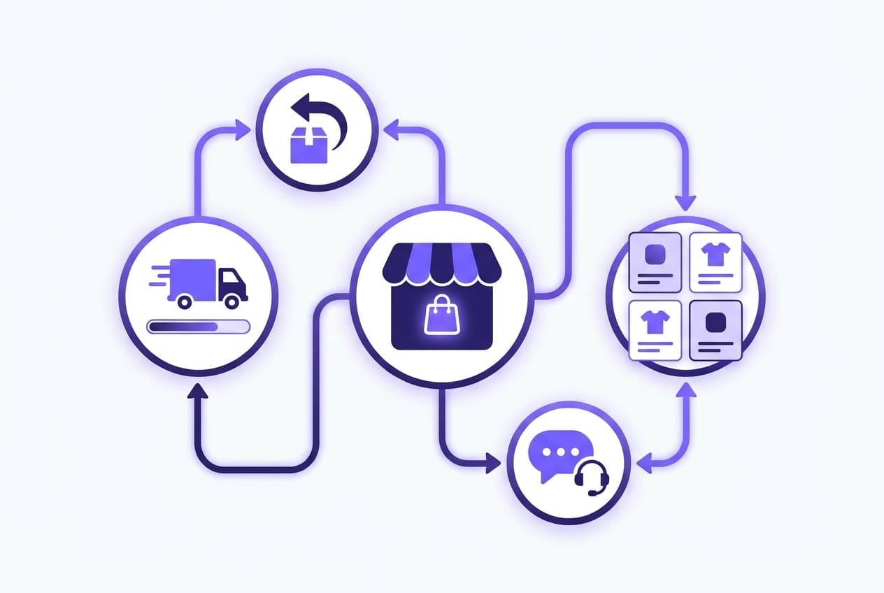 Abstract illustration of e-commerce customer support: an online storefront connected to delivery tracking, returns, product listings, and a support chat assistant
