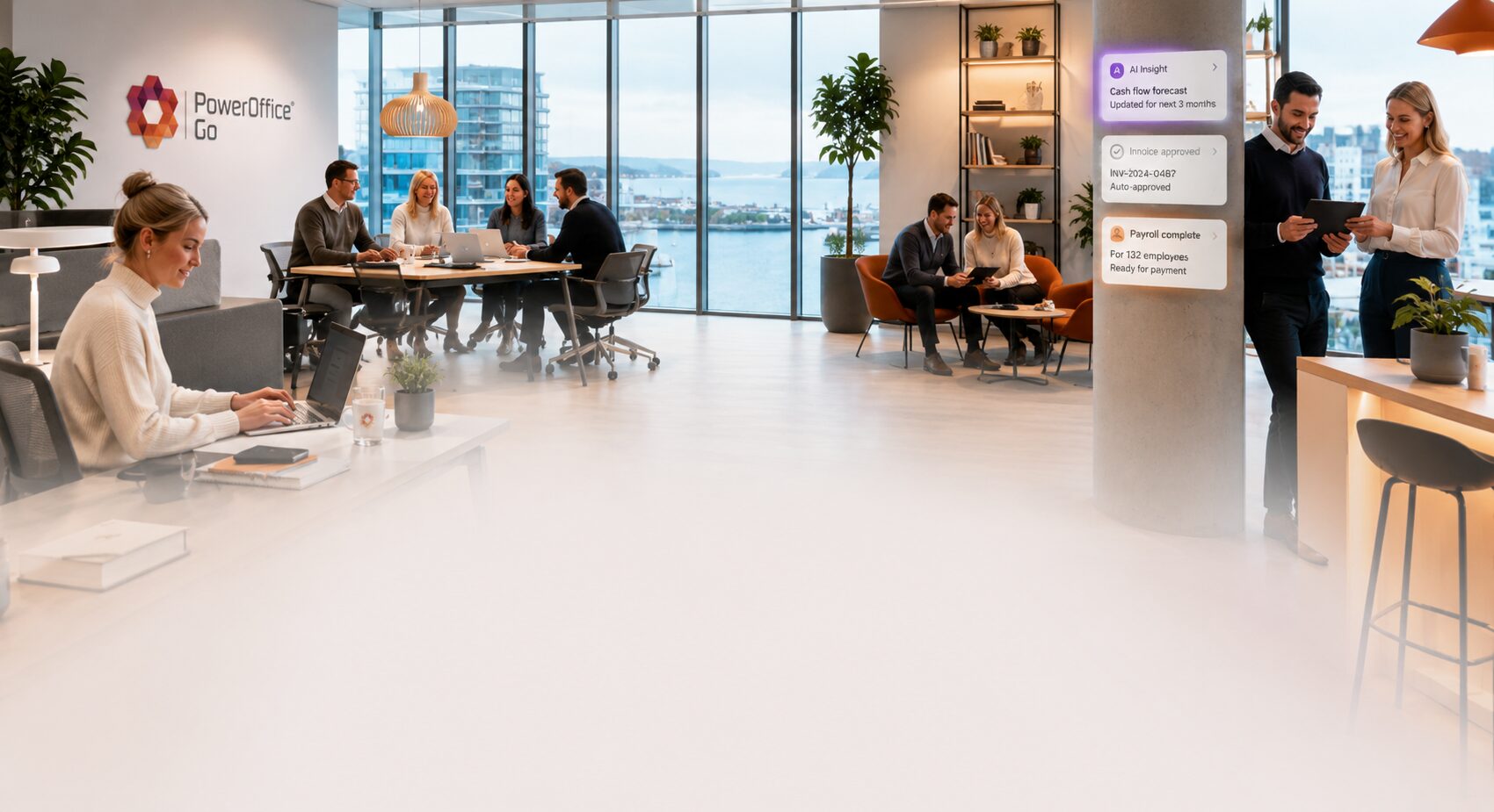 PowerOffice Go team collaborating in a modern office using Auralis AI-powered support automation for cloud ERP